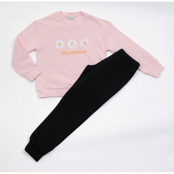 Σετ φούτερ παντελόνι - μπλούζα μακρυμάνικη με σχέδιο μαργαρίτες και στάμπα, ροζ πούδρα - μαύρο